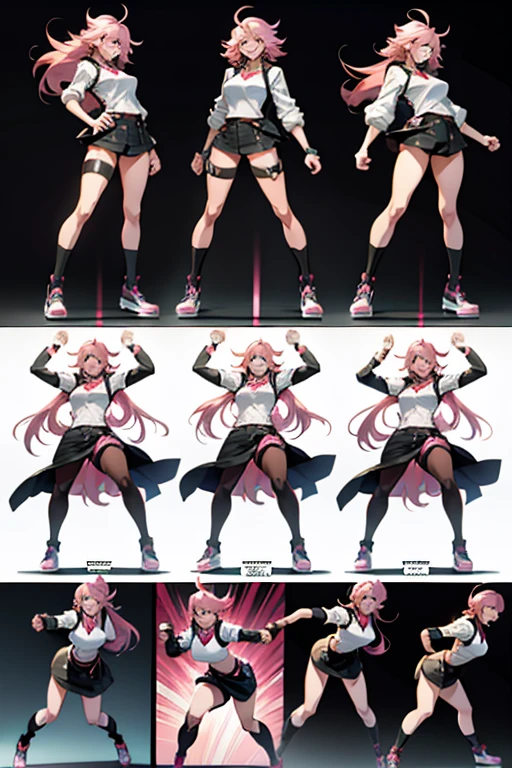 Anime girl with pink hair, laughing in insanity and fighting moves, full body shots,  manga page with panels and dialogue 