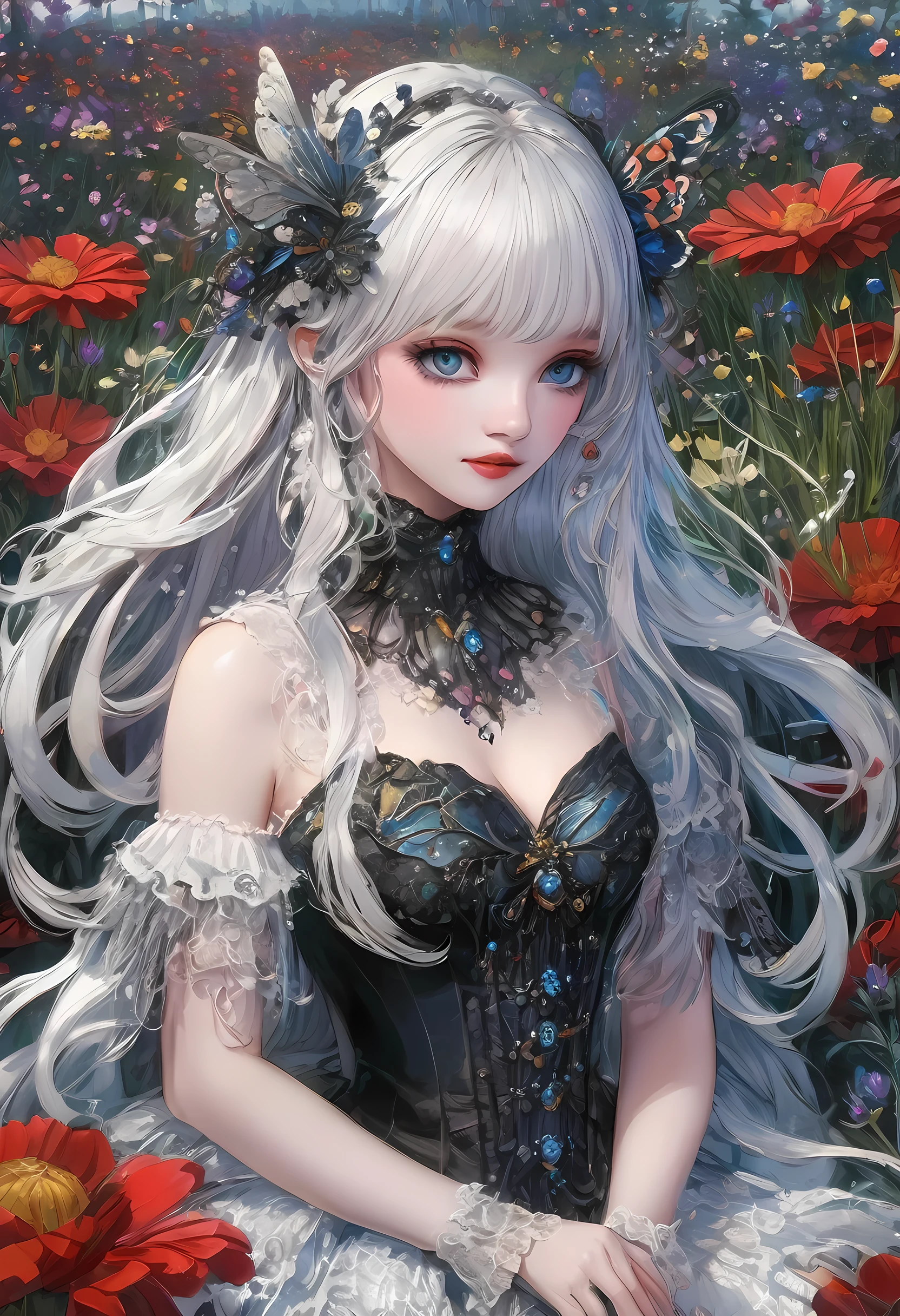 high details, best quality, 16k, RAW, [best detailed], masterpiece, best quality, (extremely detailed), full body, ultra wide shot, photorealistic, dark fantasy art, goth art, RPG art, D&D art, a picture of a dark female fairy resting in a flower meadow, extremely beautiful fairy, ultra feminine (intense details, Masterpiece, best quality), best detailed face (intense details, Masterpiece, best quality), having wide butterfly wings, spread butterfly wings (intense details, Masterpiece, best quality), dark colors wings (intense details, Masterpiece, best quality), black hair, long hair, shinning hair, flowing hair, shy smile, innocent smile, blue eyes, dark red lips, wearing ((white: 1.5)) lace dress (intense details, Masterpiece, best quality), (lace: 1.5) corset (intense details, Masterpiece, best quality), dynamic elegant shirt, chocker, wearing high heels, in dark colored flower meadow (intense details, Masterpiece, best quality), (red flowers: 1.2) , (black flowers: 1.2), (white flowers: 1.2), (blue flowers: 1.3) [extreme many flowers] (intense details, Masterpiece, best quality), dark colorful flowers (intense details, Masterpiece, best quality), flower meadow in a dark goth field background, dim light, cinematic light, High Detail, Ultra High Quality, High Resolution, 16K Resolution, Ultra HD Pictures, 3D rendering Ultra Realistic, Clear Details, Realistic Detail, Ultra High Definition, lace drawing,
