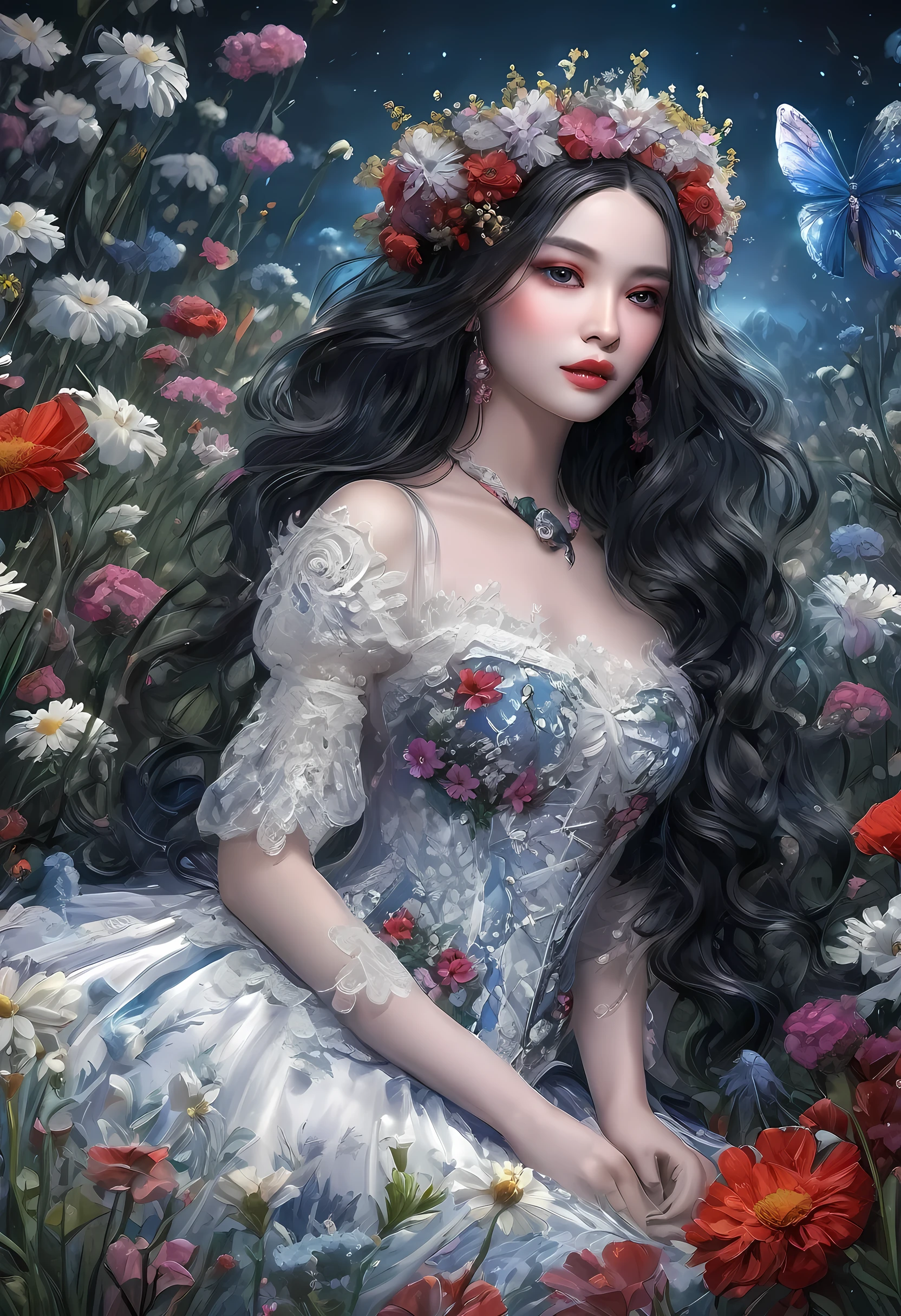 high details, best quality, 16k, RAW, [best detailed], masterpiece, best quality, (extremely detailed), full body, ultra wide shot, photorealistic, dark fantasy art, goth art, RPG art, D&D art, a picture of a dark female fairy resting in a flower meadow, extremely beautiful fairy, ultra feminine (intense details, Masterpiece, best quality), best detailed face (intense details, Masterpiece, best quality), having wide butterfly wings, spread butterfly wings (intense details, Masterpiece, best quality), dark colors wings (intense details, Masterpiece, best quality), black hair, long hair, shinning hair, flowing hair, shy smile, innocent smile, blue eyes, dark red lips, wearing ((white: 1.5)) lace dress (intense details, Masterpiece, best quality), (lace: 1.5) corset (intense details, Masterpiece, best quality), dynamic elegant shirt, chocker, wearing high heels, in dark colored flower meadow (intense details, Masterpiece, best quality), (red flowers: 1.2) , (black flowers: 1.2), (white flowers: 1.2), (blue flowers: 1.3) [extreme many flowers] (intense details, Masterpiece, best quality), dark colorful flowers (intense details, Masterpiece, best quality), flower meadow in a dark goth field background, dim light, cinematic light, High Detail, Ultra High Quality, High Resolution, 16K Resolution, Ultra HD Pictures, 3D rendering Ultra Realistic, Clear Details, Realistic Detail, Ultra High Definition, lace drawing,
