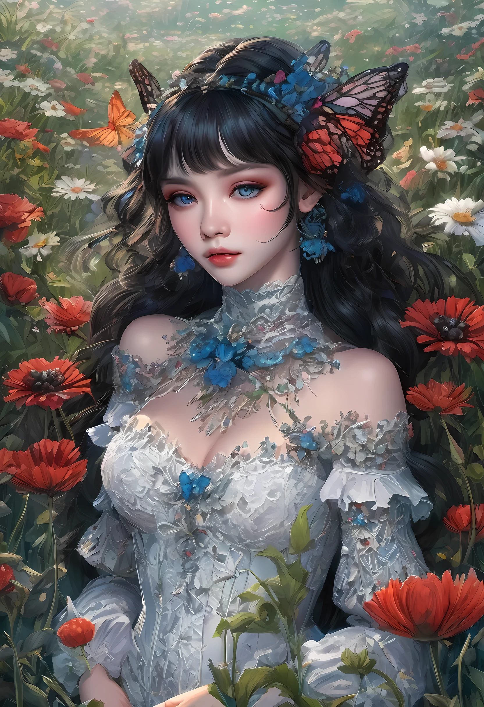 high details, best quality, 16k, RAW, [best detailed], masterpiece, best quality, (extremely detailed), full body, ultra wide shot, photorealistic, dark fantasy art, goth art, RPG art, D&D art, a picture of a dark female fairy resting in a flower meadow, extremely beautiful fairy, ultra feminine (intense details, Masterpiece, best quality), best detailed face (intense details, Masterpiece, best quality), having wide butterfly wings, spread butterfly wings (intense details, Masterpiece, best quality), dark colors wings (intense details, Masterpiece, best quality), black hair, long hair, shinning hair, flowing hair, shy smile, innocent smile, blue eyes, dark red lips, wearing ((white: 1.5)) lace dress (intense details, Masterpiece, best quality), (lace: 1.5) corset (intense details, Masterpiece, best quality), dynamic elegant shirt, chocker, wearing high heels, in dark colored flower meadow (intense details, Masterpiece, best quality), (red flowers: 1.2) , (black flowers: 1.2), (white flowers: 1.2), (blue flowers: 1.3) [extreme many flowers] (intense details, Masterpiece, best quality), dark colorful flowers (intense details, Masterpiece, best quality), flower meadow in a dark goth field background, dim light, cinematic light, High Detail, Ultra High Quality, High Resolution, 16K Resolution, Ultra HD Pictures, 3D rendering Ultra Realistic, Clear Details, Realistic Detail, Ultra High Definition, lace drawing,
