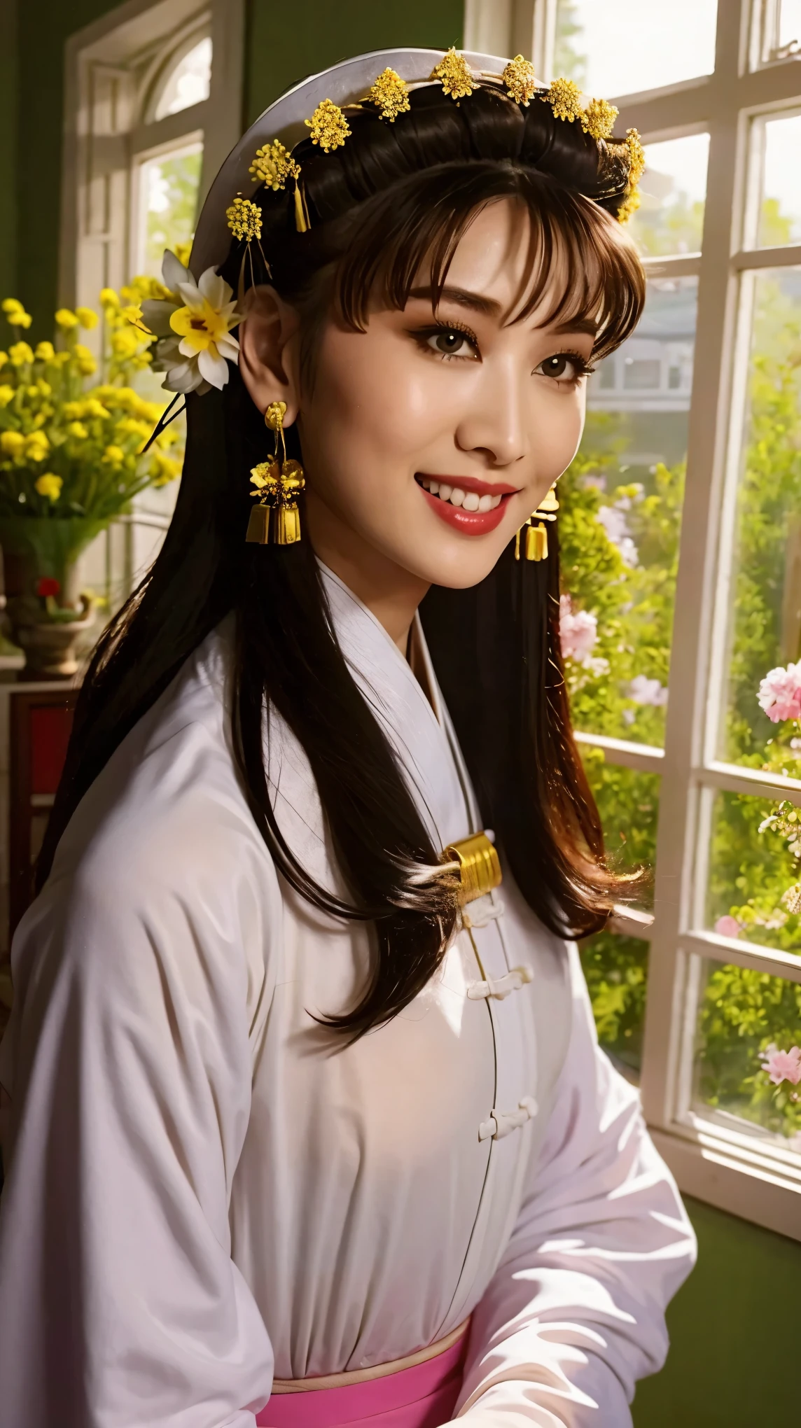 Fashion model 20 years old [[[[close up]]]], [[[[neck]]]], [[[[Shoulder]]]], Perfect eyes, Perfect iris，Perfect lips，Perfect Teeth，Perfect skin，White skin，Soft headlight，High-density imaging review，Black long hair，（Face is clear and delicate），((White Chinese clothing))，((Sexy))，((Smile))，((Background is indoor))，((There are green trees and flowers outside the window))，best quality，masterpiece，（Soft colors：1.2）