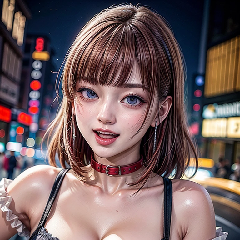 masterpiece of professional Analog photo, realistic and photorealistic with touch of rawness, (a close-up portrait of a woman wearing thongs on a city street), Dusk violet Sky, intricate lighting effects with light particles, (many colorful lights dazzling bokeh), Traffic lights, a crowd of fashionable street girls in the background, { Childish | Gigantic Cleavage }, (((NOGIZAKA))) Extremely Detailed very KAWAII face variation, perfect anatomy, captivating gaze, elaborate detailed Eyes with (sparkling highlights:1.2), long eyelashes、Glossy RED Lips with beautiful details, Coquettish tongue, Rosy cheeks . (Dynamic joyful expressions), { Ecstasy | :D | screaming | Perplexed }, Mystic sight . hair and eye color is same color, { Red leather high collar | Red ribbon }, from diagonally angle .