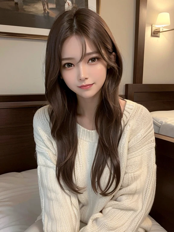 masterpiece, highest quality, High resolution,alone,Brown,artistic,Best lighting,Casual clothing,Flat Chest,Beautiful Face,expensive,smile,light makeup,Age 26,Calm woman,Detailed Hair,Laughing woman,Face Focus,Messy Hair,Very white skin,Thin eyebrows,outside,bed,Woman sitting cross-legged