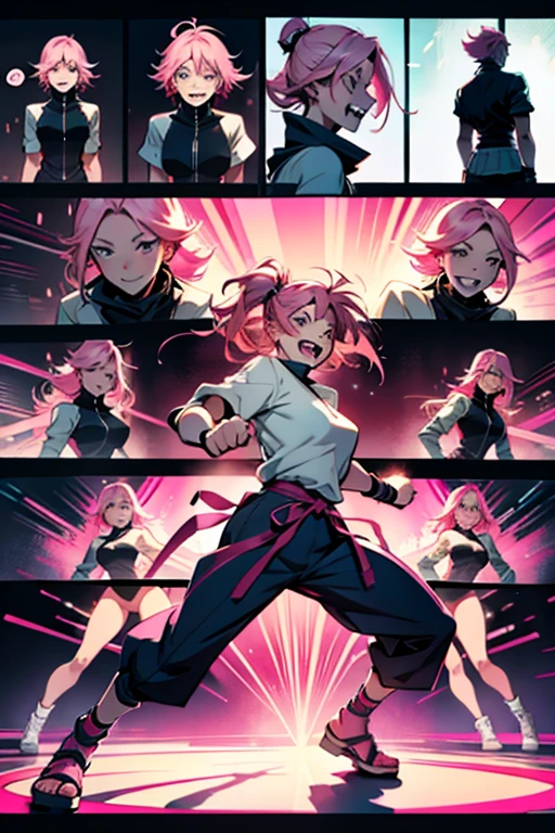 Anime girl with pink hair, laughing in insanity and fighting moves, full body shots,  manga page with panels and dialogue 