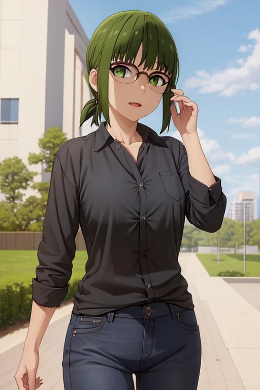 (((masterpiece,best quality))), 
outdoors, 
black shirt, jeans, 
hinata glasses, 