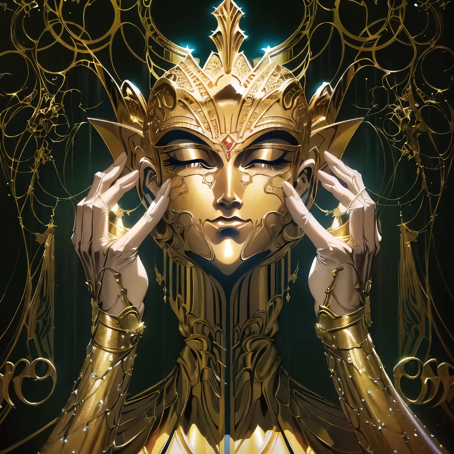 arafed woman in a gold mask and gold dress holding her hands to her face, artgerm julie bell beeple, tom bagshaw donato giancola, intricate wlop, karol bak and peter mohrbacher, tomasz alen kopera and cgsociety, peter mohrbacher donato giancola, fantasy art behance