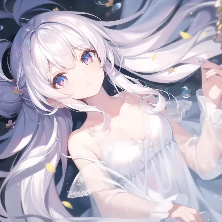 ((masterpiece, best quality))++, Detailed lighting+, Detailed hair+, Detail hand+ ,1 girl, Miss, Long hair, Crimson eyes, beautiful eyes, young white hair,,(Beautiful white hair:1.5),(Beautiful and delicate eyes), high resolution+,glass tint, Reflective eyes, {{angle}} , Very detailed wallpaper, The original, ,Sea of Flowers,Air bangs,city road,Double ponytails