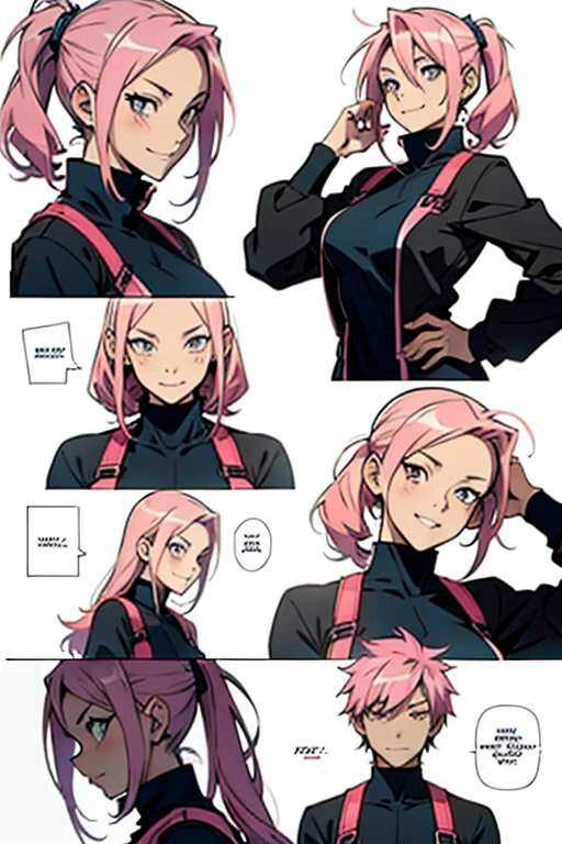Anime girl with pink hair, crazy smile, different facial expressions list, manga page with panels and dialogue