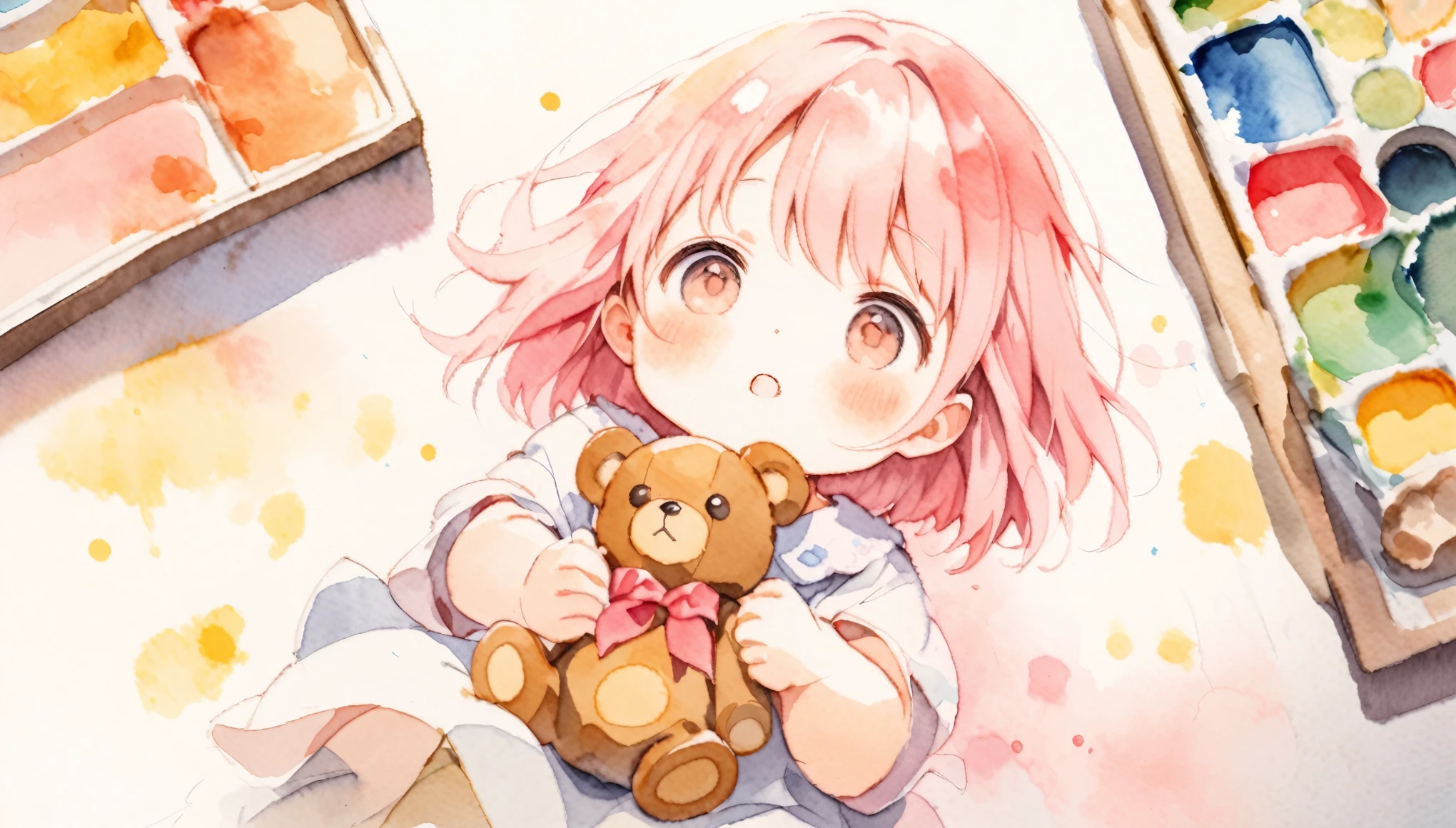 Watercolor painting, hands of a 2   with pink hair and teddy bear.