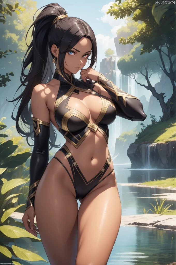 1 beautiful woman, tanned skin, long dark hair, ponytail, golden eyes, ((detailed eyes:1.2)), medium breasts, wearing sexy superheroine costume, nude body, elegant, hand on hips, sensual, (masterpiece, top quality, best quality, official art, beautiful and aesthetic:1.2), extreme detailed, colorful, highest detailed, unreal engine 5, 8k, picturesque hills background, 3/4 body picture, standing in a shallow lake,