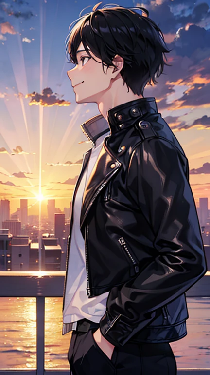 highest quality、Young man looking up at the sky、smile、profile、Beautiful sunset after the rain、Rooftop、Wearing a black leather jacket、Black Hair、1 male