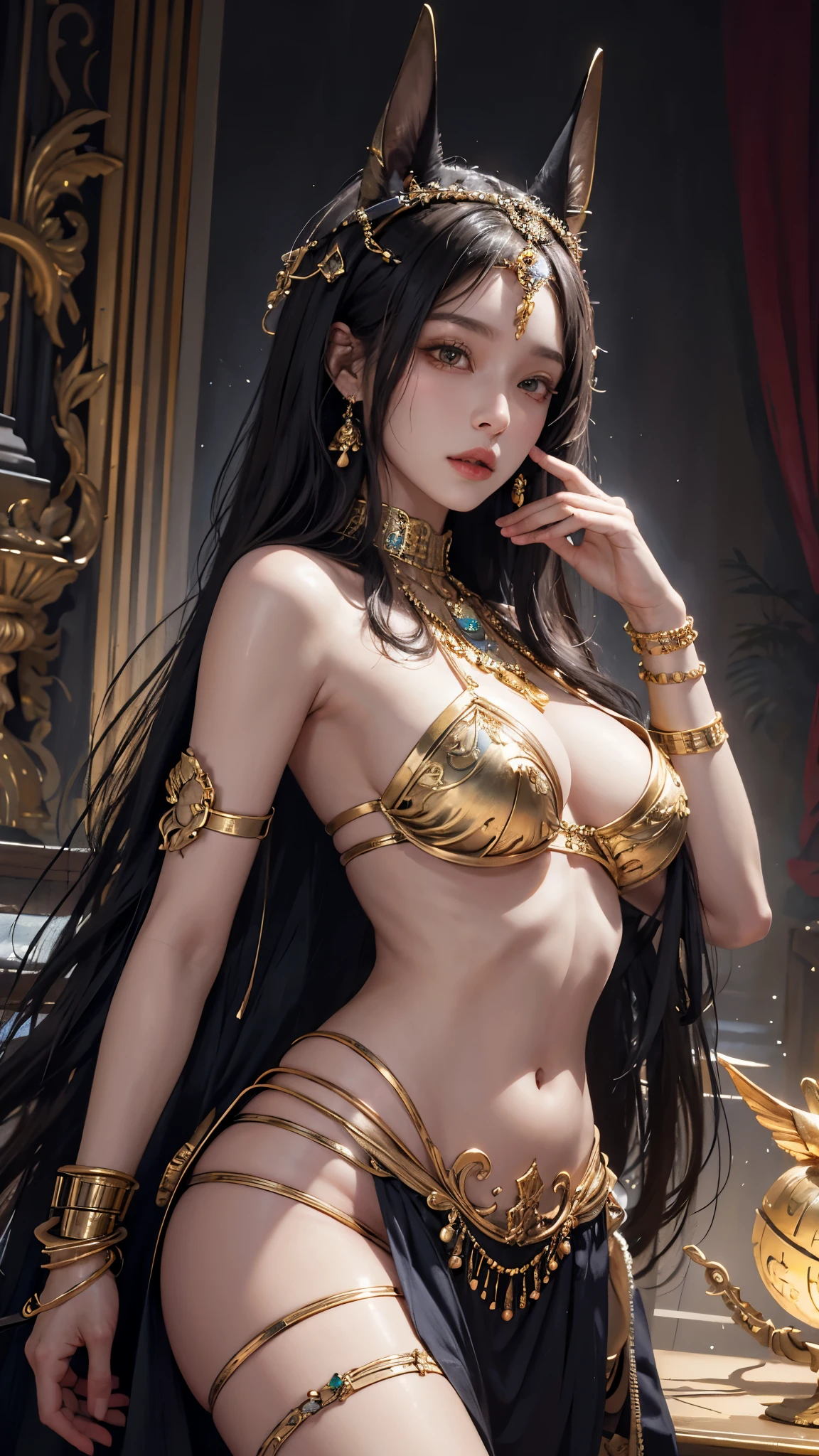 ((aeolian)), 1 girl, beautiful face, green eyes, Princess, small breasts, very long black hair, slim body with long legs, full body view