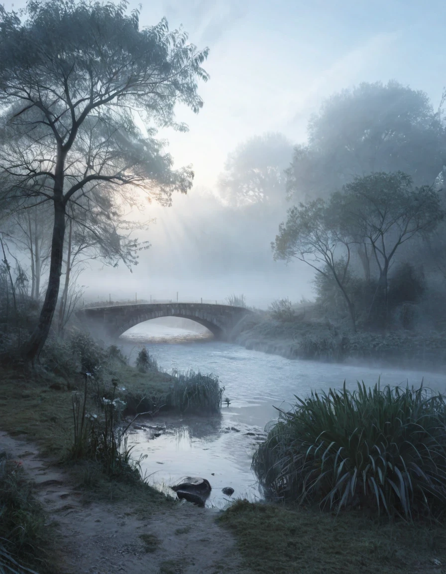 Create an image for an extremely detailed CG Unity 8K wallpaper, capturing the tranquil essence of early morning. The scene is set amidst a dense, misty fog that envelops the landscape, creating a mystical and ethereal atmosphere. The fog exhibits the Tyndall effect, scattering light and adding a dreamlike quality to the scenery. A majestic river, flanked by trees, and a small waterfall are highlighted through the fog, their beauty enhanced by the soft, diffused light of dawn. This serene and otherworldly setting is maintained with award-winning photography standards, focusing on Chromatic Aberration, HDR, and Bloom effects. The artistic style blends the influences of Monet, Pissarro, and Sisley, resulting in a captivating and unique composition that resonates with modern and classic aesthetics. This artwork, showcasing the creative brilliance of a midjourney artist, is poised to be well-received on platforms like ArtStation and CGSociety.