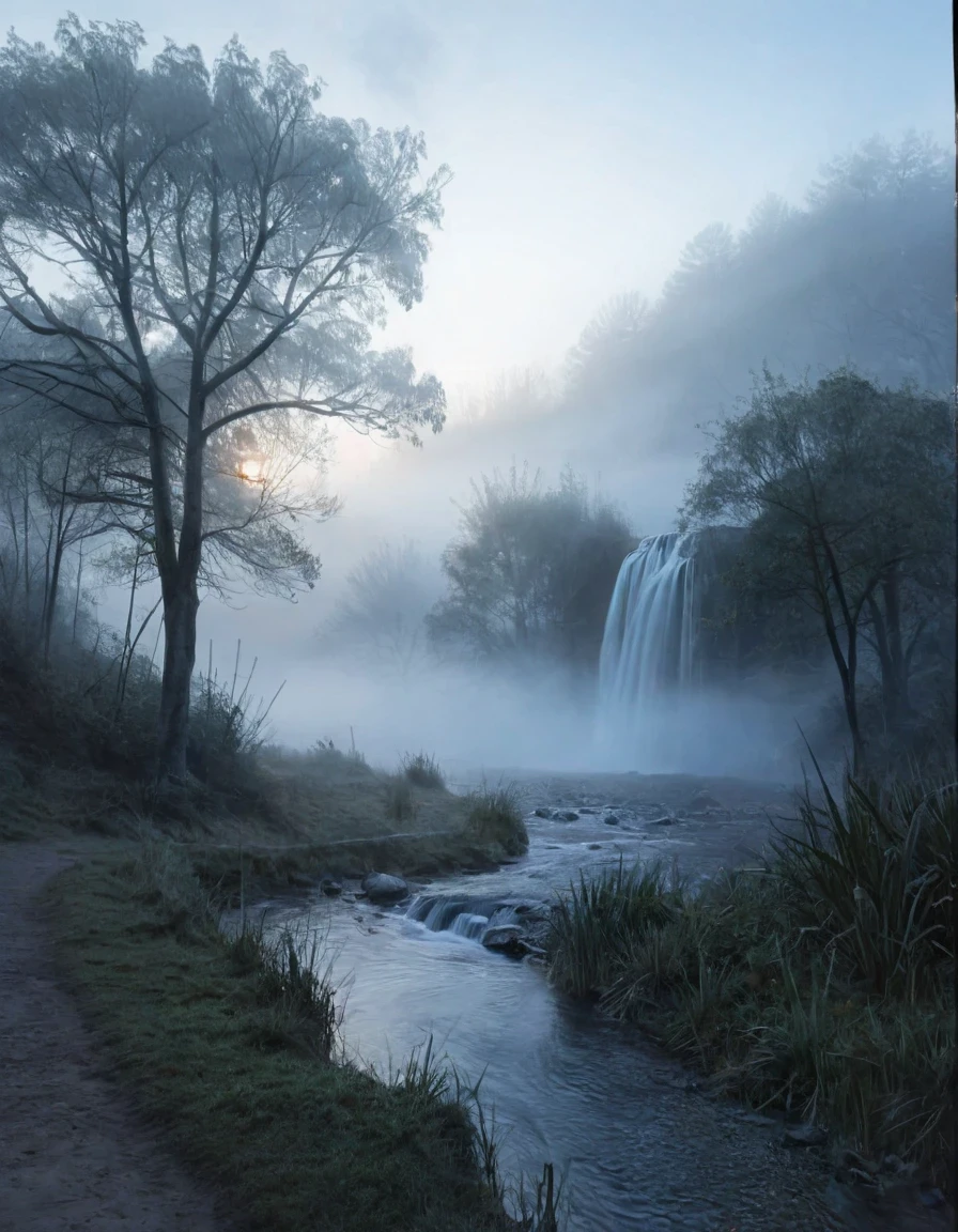 Create an image for an extremely detailed CG Unity 8K wallpaper, capturing the tranquil essence of early morning. The scene is set amidst a dense, misty fog that envelops the landscape, creating a mystical and ethereal atmosphere. The fog exhibits the Tyndall effect, scattering light and adding a dreamlike quality to the scenery. A majestic river, flanked by trees, and a small waterfall are highlighted through the fog, their beauty enhanced by the soft, diffused light of dawn. This serene and otherworldly setting is maintained with award-winning photography standards, focusing on Chromatic Aberration, HDR, and Bloom effects. The artistic style blends the influences of Monet, Pissarro, and Sisley, resulting in a captivating and unique composition that resonates with modern and classic aesthetics. This artwork, showcasing the creative brilliance of a midjourney artist, is poised to be well-received on platforms like ArtStation and CGSociety.