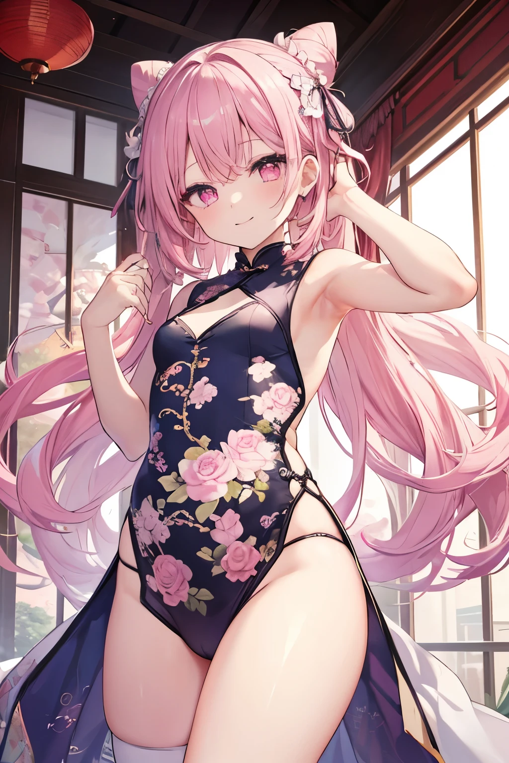 Pink Hair、Pink Eyes、girl、Small breasts、Hair Bun、girl、Small breasts、ta、Bright smile、Looks about 15 yan Musume、short、目のhighlight、Sexy thighs、Wearing china clothes、Showing armpits、Your eyes are so beautiful、highlight