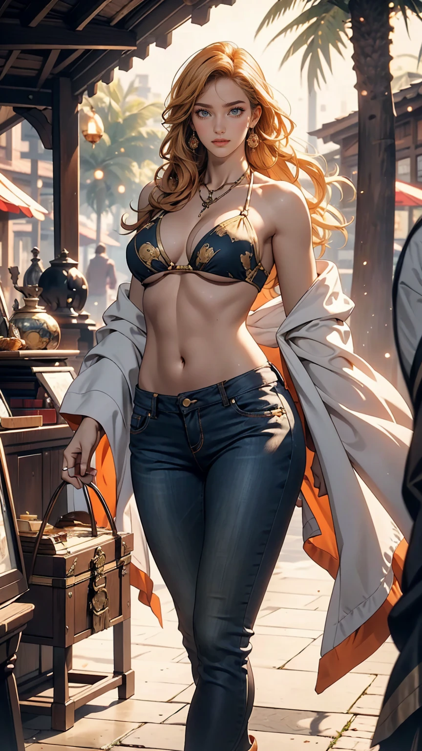Very beautiful Nami (one piece), Subtle makeup, Moneyen hour, Realistic, High Contrast, 8K HD, detailed, hyper-detailed, Realistic skin texture, orange long hair, Bikini top only, Blue pants, Large Breasts, highest quality, Ultra-high resolution, RAW Photos, Dramatic lighting, Unreal Engine, Diffuse Light, Outdoor, realistic detailed onep piece pirate ship, Treasure Chest, Money, Money coins, Money bars.