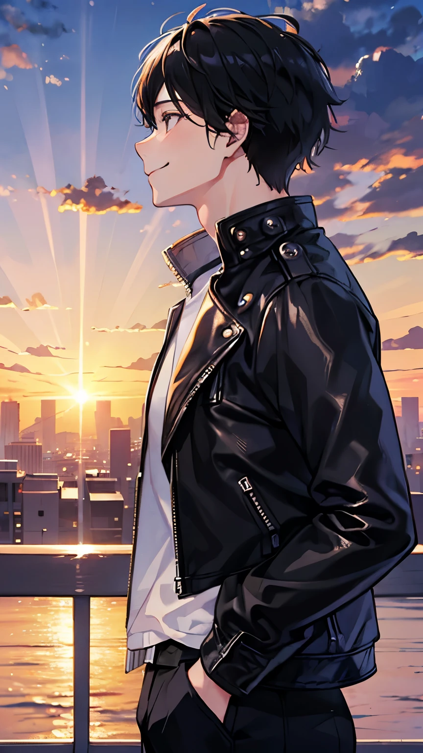 highest quality、Young man looking up at the sky、smile、profile、Beautiful sunset after the rain、Rooftop、Wearing a black leather jacket、Black Hair、1 male