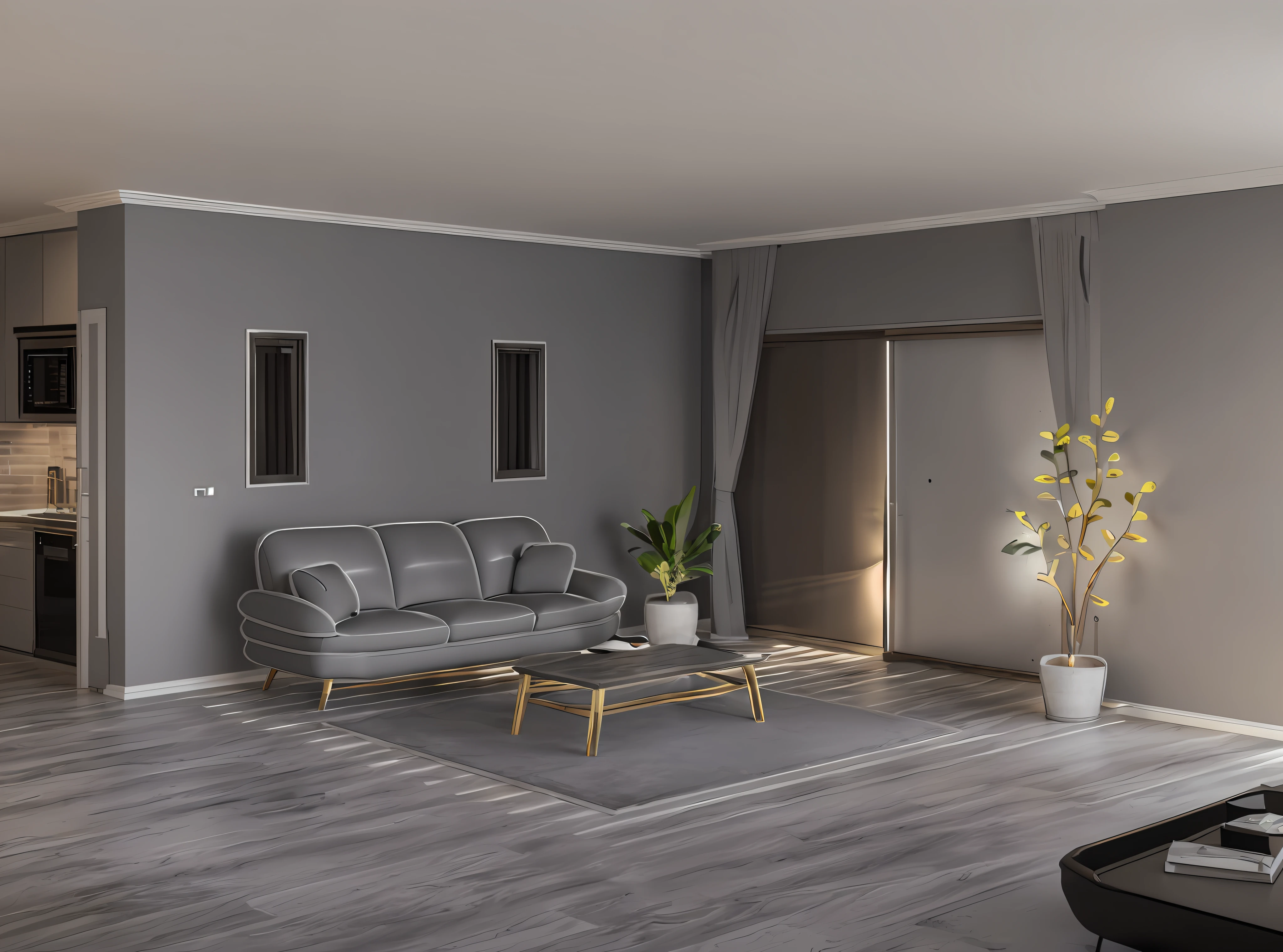HD 3D model rendering, building rendering, isometric view Right Angle, 45 degree Angle, (gray background), high detail, film, global lighting, realistic lighting, (hdr:1.3 ), (architecture of high-class apartment building), good brightness for window view, 1 sofa, 1 table, 2 paintings