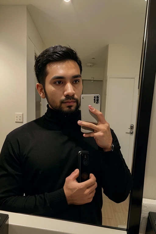 a handsome 30 year old man with an Indonesian face with a thin beard and a slightly fat body, wearing a black jacket and black turtleneck shirt is taking a photo of himself with a Samsung note 20 ultra facing the mirror in a hotel room. The picture is very realistic and super detailed