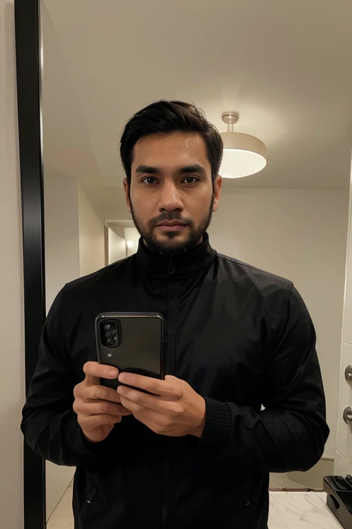 a handsome 30 year old man with an Indonesian face with a thin beard and a slightly fat body, wearing a black jacket and black turtleneck shirt is taking a photo of himself with a Samsung note 20 ultra facing the mirror in a hotel room. The picture is very realistic and super detailed