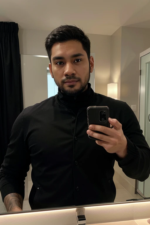 a handsome 30 year old man with an Indonesian face with a thin beard and a slightly fat body, wearing a black jacket and black turtleneck shirt is taking a photo of himself with a Samsung note 20 ultra facing the mirror in a hotel room. The picture is very realistic and super detailed