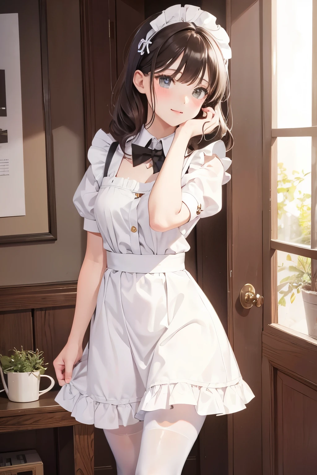 Wearing a maid outfit，blush，Wear white tights，whole body