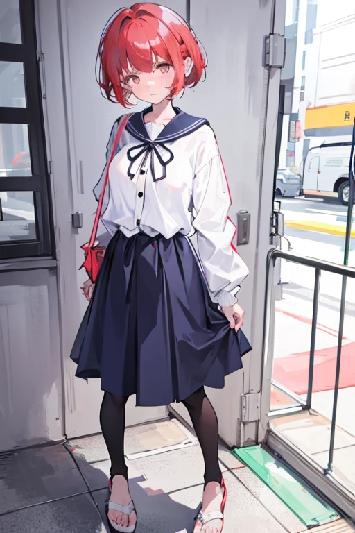 short hair, side braid, bangs, hair over shoulder, hair spread out, red hair, tired, shy, embarrassed, from side, 8k, super detail, best quality, fullbody