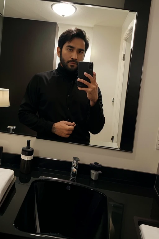 a handsome 30 year old man with an Indonesian face with a thin beard and a slightly fat body, wearing a black jacket and black turtleneck shirt is taking a photo of himself with a Samsung note 20 ultra facing the mirror in a hotel room. The picture is very realistic and super detailed