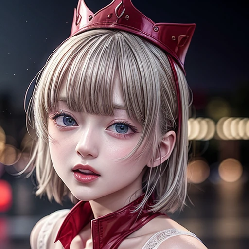 masterpiece of professional Analog photo, realistic and photorealistic with touch of rawness, (a close-up portrait of a woman wearing thongs on a city street), Dusk violet Sky, intricate lighting effects with light particles, (many colorful lights dazzling bokeh), Traffic lights, a crowd of fashionable street girls in the background, { Childish | Gigantic Cleavage }, (((NOGIZAKA))) Extremely Detailed very KAWAII face variation, perfect anatomy, captivating gaze, elaborate detailed Eyes with (sparkling highlights:1.2), long eyelashes、Glossy RED Lips with beautiful details, Coquettish tongue, Rosy cheeks . (Dynamic joyful expressions), { Ecstasy | :D | screaming | Perplexed }, Mystic sight . hair and eye color is same color, { Red leather high collar | Red ribbon }, from diagonally angle. short bob, Tiny Crown .