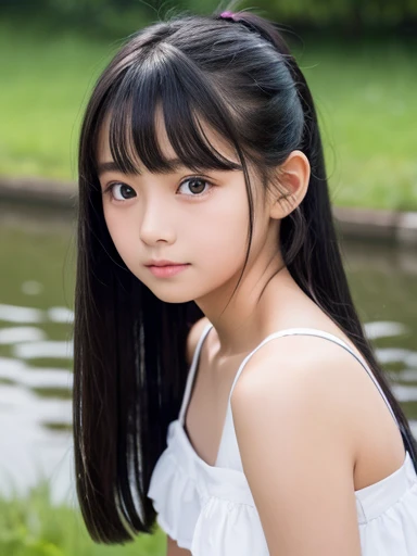 9-year-old elementary school student、、Small breasts、Black Hair、Iris、Straight Hair、ponytail、White dress、whole body、Are standing、Small face、Clean eyes、Small Mouth、evening、Riverbank、high resolution、4k、1 person、Young face、