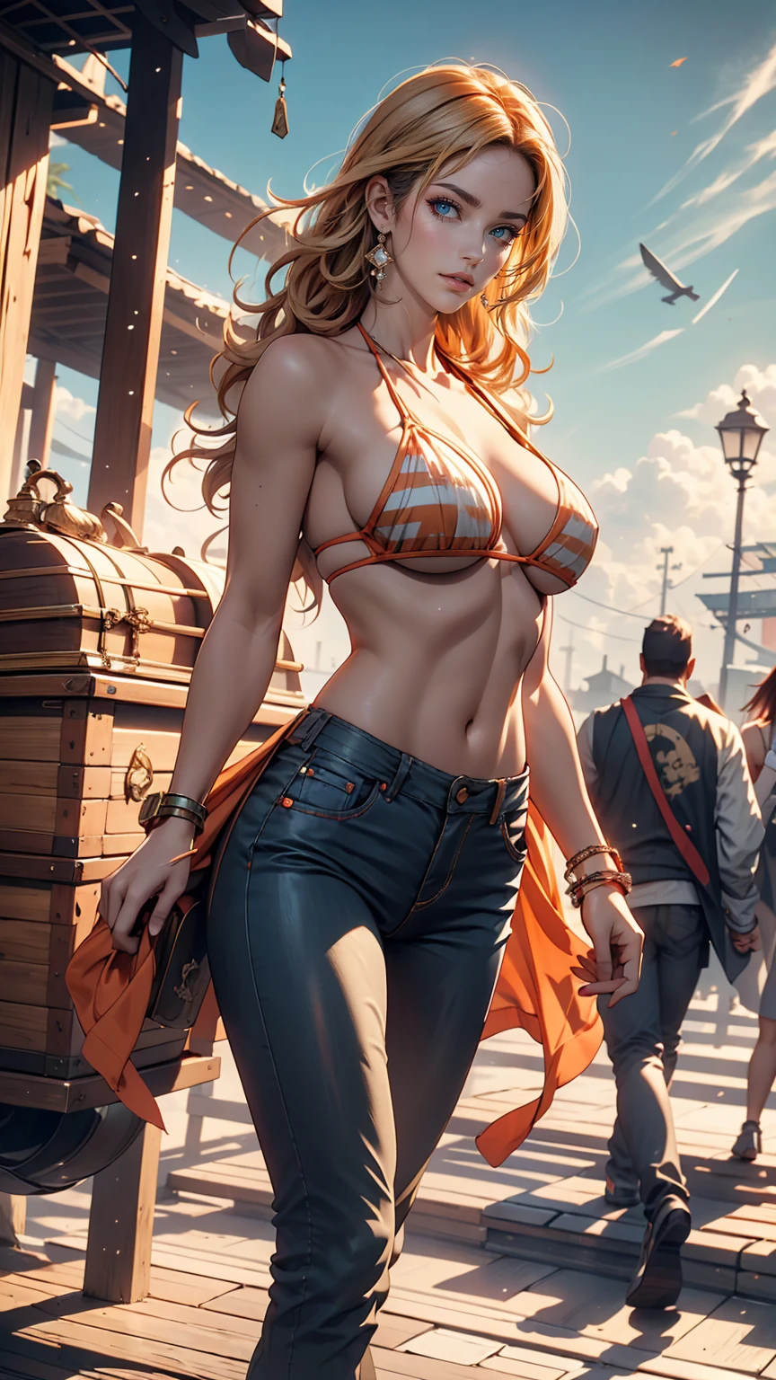 Very beautiful Nami (one piece), Subtle makeup, Moneyen hour, Realistic, High Contrast, 8K HD, detailed, hyper-detailed, Realistic skin texture, orange long hair, Bikini top only, Blue pants, Large Breasts, highest quality, Ultra-high resolution, RAW Photos, Dramatic lighting, Unreal Engine, Diffuse Light, Outdoor, realistic detailed onep piece pirate ship, Treasure Chest, Money, Money coins, Money bars.