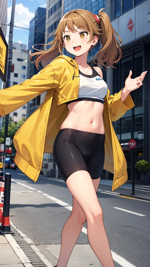 masterpiece, best quality, highres, 1girl, solo, split hair color, brown hair, orange hair, hoshino fumina, yellow jacket, open jacket, sports bra, bike shorts, midriff, sazaki kaoruko, twintails, hair ornament, happy, dancing cowbow shot, city street