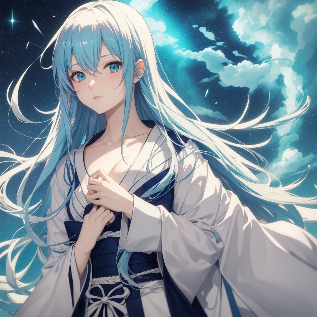 Japanese anime style girl 18-year-old Long light blue hair White skin Naito Horizon's hair accessory Yukata