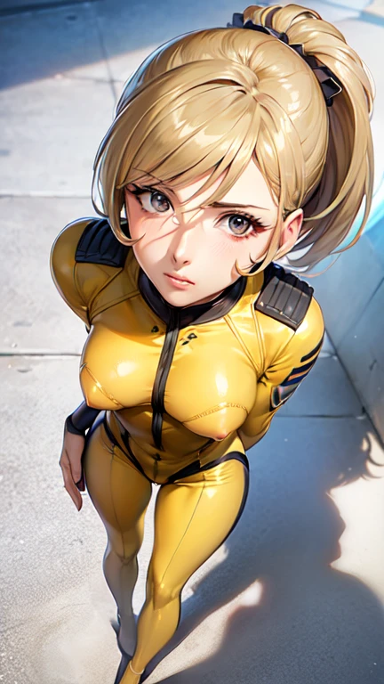 Woman in a futuristic suit, Highly detailed face,(short hair,Lower ponytail:1.2),,,(Svelte Body:1.2),, (Medium Breasts:1.5), (Erect nipples:1.3),(cameltoe:1.3),,,,,,, Mature Face, blush,,(Mature Woman), Cyber Suit, Anime girl in tight suit, Milfication, Elegant body, Wide ass:1.2 , nude, gloves, Earrings, SF, Female protagonist, ,(She stands with her legs apart,,Hands on Hips,,model posing:1.3),, Volumetric Light, Detailed lighting, Detailed Texture,, masterpiece, Top quality eyes, sci-fi background, Futuristic landscape, (((Yellow bodysuit))),,,,,,,,(from above:1.3)