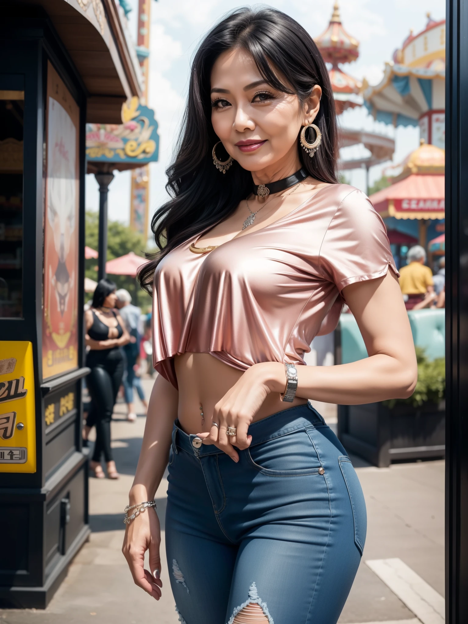  75 years old　Mom　MILF　Korean, Lady　large earring　Big choker　navel piercing decoration　A bracelet　Silver Hair　realisitic　Gorgeous Madame Beautiful Mature Woman　sexy　Smile　Gentle woman navel piercing　４K　High quality amusement park　Leather pants　Shorts　summer