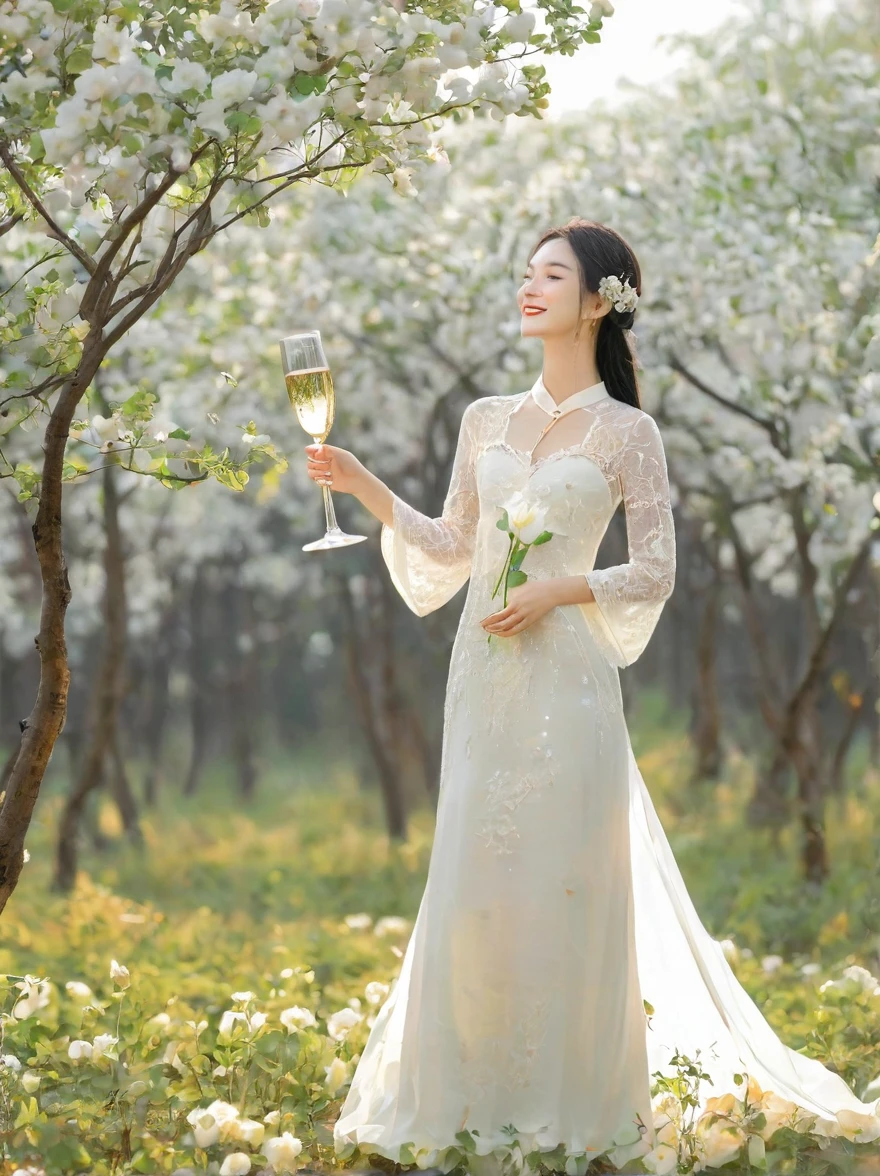 At dusk，The goddess of wine is hidden in the forest of flowers and trees，Wearing a white lace opaque dress，There is a pure white snow lotus painted on it，Holding a wine bottle in one hand，Holding a wine glass in one hand，She smiled at me，Revealing the true feelings after drinking，At this moment, her smile is like a pure angel，The soul is as pure as the moon，There is also a crescent moon in the background，Beautiful painting，Romantic，Natural light, Elegant and beautiful, Romanticism, Luminism, first-person view, cowboy shot, UHD, masterpiece, accurate, anatomically correct, high details, award winning, 8k