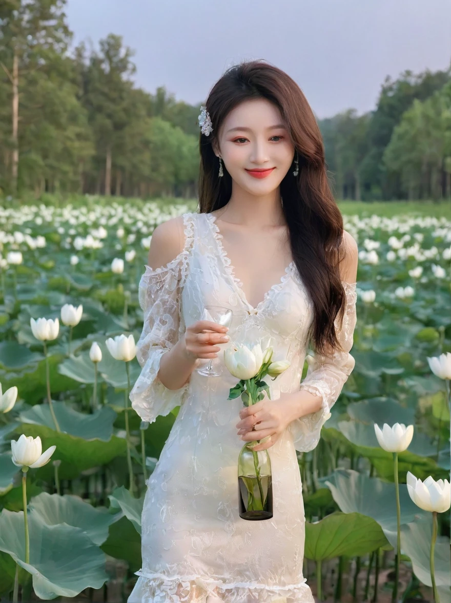 At dusk，The goddess of wine is hidden in the forest of flowers and trees，Wearing a white lace opaque dress，There is a pure white snow lotus painted on it，Holding a wine bottle in one hand，Holding a wine glass in one hand，She smiled at me，Revealing the true feelings after drinking，At this moment, her smile is like a pure angel，The soul is as pure as the moon，There is also a crescent moon in the background，Beautiful painting，Romantic，Natural light, Elegant and beautiful, Romanticism, Luminism, first-person view, cowboy shot, UHD, masterpiece, accurate, anatomically correct, high details, award winning, 8k