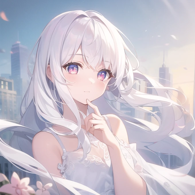 ((masterpiece, best quality))++, Detailed lighting+,  Detailed hair+, Detail hand+ ,1 girl, Miss, Long hair,   Crimson eyes,  beautiful eyes, young white hair,,(Beautiful white hair:1.5),(Beautiful and delicate eyes),  high resolution+,glass tint, Reflective eyes,   {{angle}} , Very detailed wallpaper, The original, ,Sea of Flowers，Air bangs，city road，Double ponytails