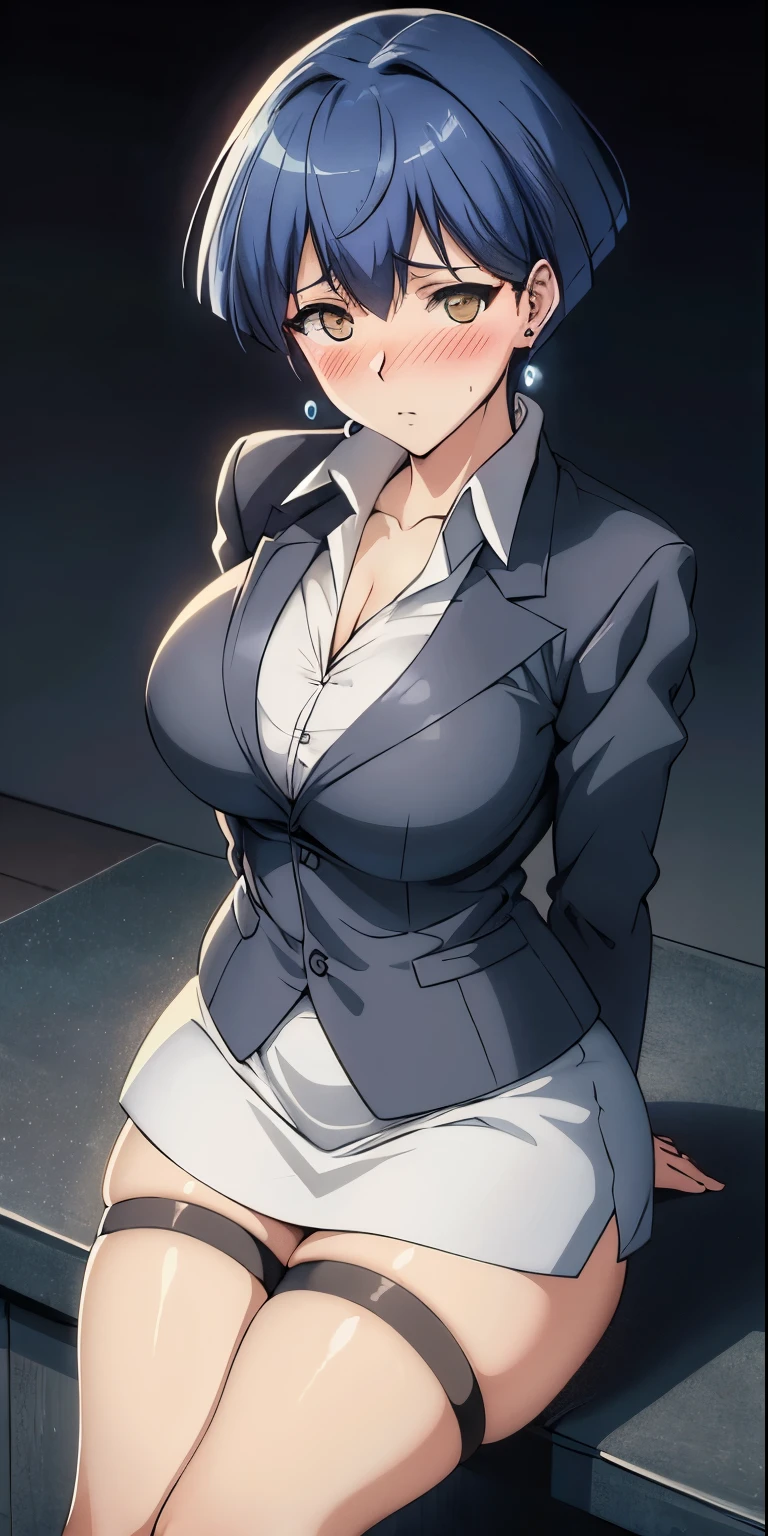 masterpiece, best quality, ultra-detailed, illustration,masterpiece, Best quality, high resolution, high resolution, masterpiece, best quality, highres, MS, 1girl, blue hair,HDR, UHD ,secretary suit, earrings, white miniskirt, pantyhose, cleavage,beautiful detailed eyes, looking at viewer in a seductive look, close up, (arms behind back:1.2), (from above:1.1),((big sized breasts)), attempt to seduce, standing,(blush),(wide thighs:1.3)