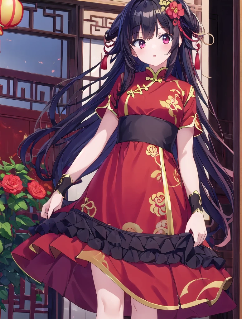 1girl, dress chinese, (masterpiece, best quality: 1.2), high resolution, high quality, cute, long red black hair, outfit random, cute look, 
