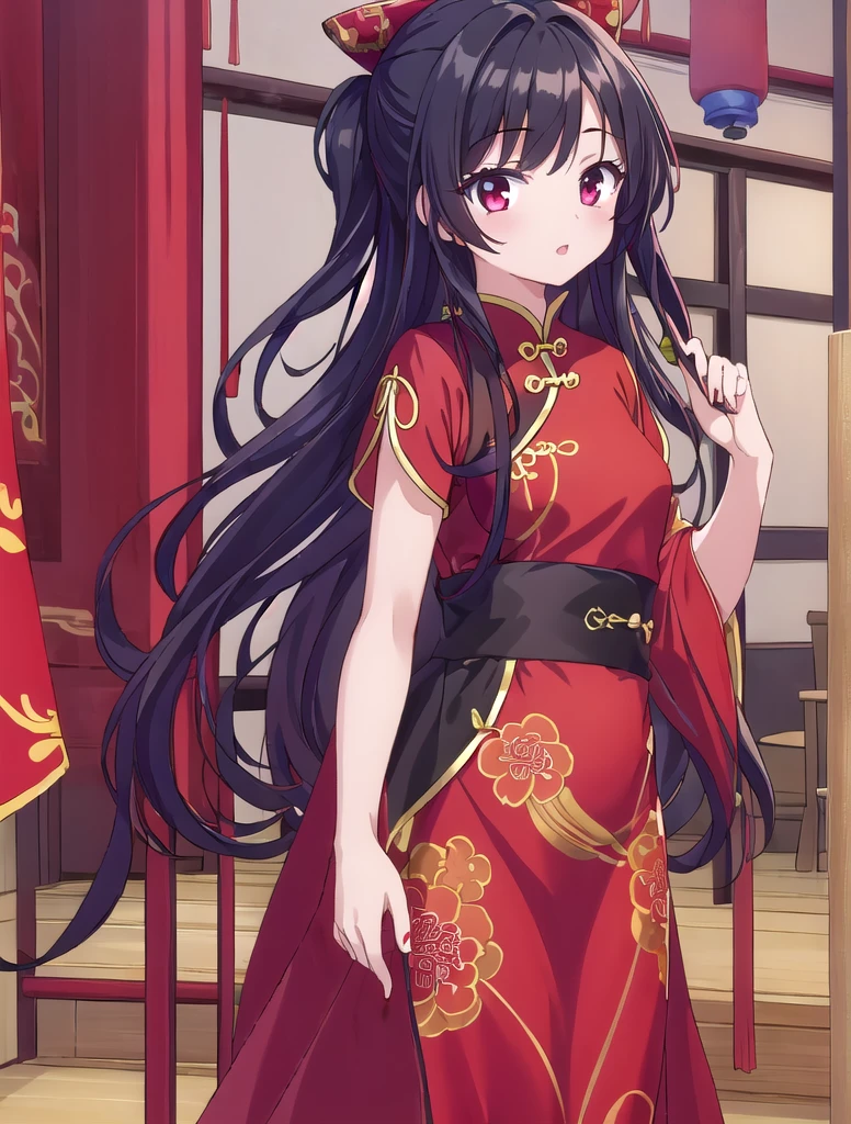 1girl, dress chinese, (masterpiece, best quality: 1.2), high resolution, high quality, cute, long red black hair, outfit random, cute look,