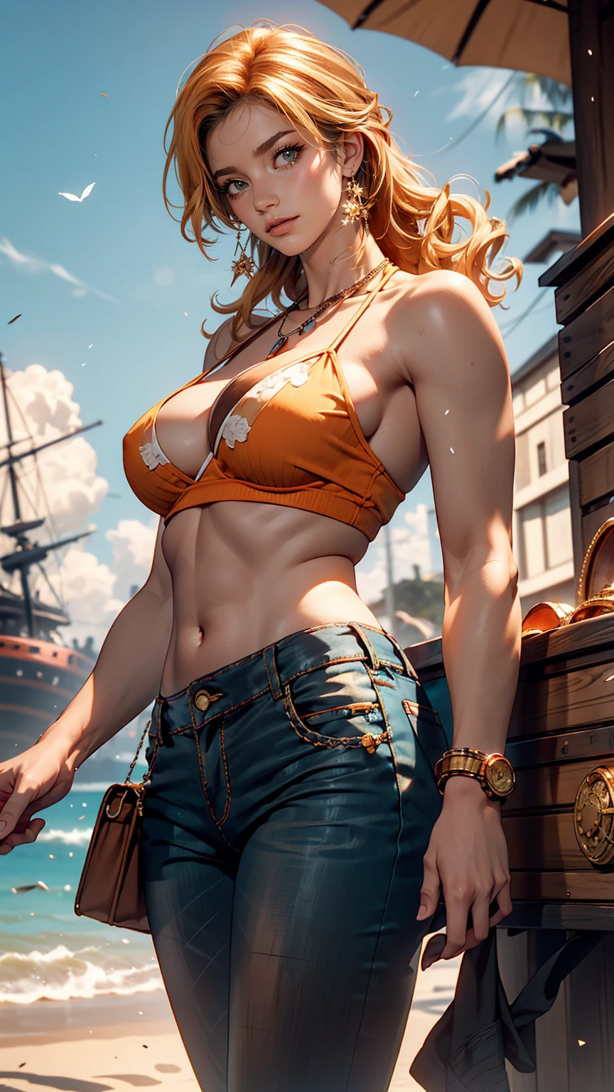 Very beautiful Nami (one piece), Subtle makeup, Moneyen hour, Realistic, High Contrast, 8K HD, detailed, hyper-detailed, Realistic skin texture, orange long hair, Bikini top only, Blue pants, Large Breasts, highest quality, Ultra-high resolution, RAW Photos, Dramatic lighting, Unreal Engine, Diffuse Light, Outdoor, realistic detailed onep piece pirate ship, Treasure Chest, Money, Money coins, Money bars.