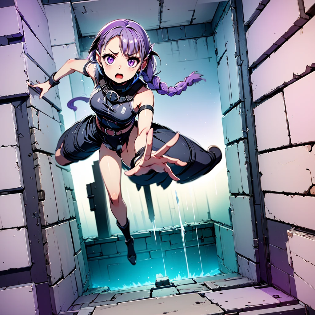 masterpiece,highest quality,Very detailed,One girl,alone,surprise,The pupils constrict,Scared,shout,
cryptic girl,Gradient Hair, Milky white and purple hair color, Long hair braided in two ponytails, Very long hair, Purple eyes, 
break
(((Big square hole, Big square hole,fall,Bottomless Pit,Shorthand, perspective))),Raise the hand,Dungeons,From above,Brick floor,Stone floor,whole body,Reaching out towards the viewer,Dramatic and tense scenes,