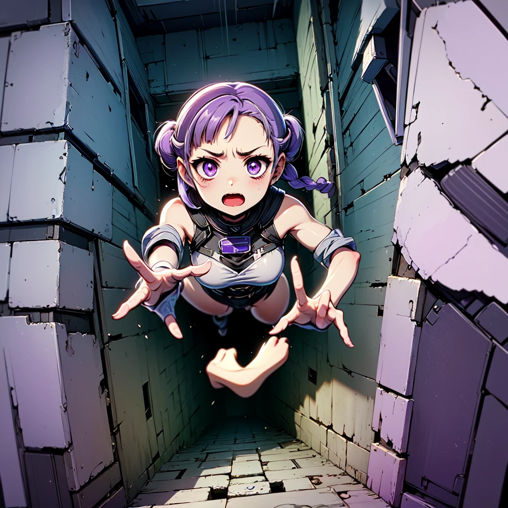 masterpiece,highest quality,Very detailed,One girl,alone,surprise,The pupils constrict,Scared,shout,
cryptic girl,Gradient Hair, Milky white and purple hair color, Long hair braided in two ponytails, Very long hair, Purple eyes, 
break
(((Big square hole, Big square hole,fall,Bottomless Pit,Shorthand, perspective))),Raise the hand,Dungeons,From above,Brick floor,Stone floor,whole body,Reaching out towards the viewer,Dramatic and tense scenes,