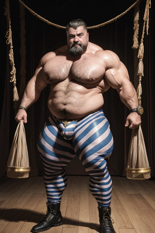  Hyperrealistic image of an old superhero with the face of a 19th century Russian Steampunk circus trapeze artist with a bare torso, slicked gray hair and huge handlebar mustaches A super heavy bodybuilder flexing his muscles A full body obese bodybuilder with a very sweaty body An elderly man extremely muscular and extremely fat over 70 years old weighing over 600 pounds. a very hairy muscular man with very big legs and sagging pectorals, big dark nipples and gynecomastia on the trapeze of a Steampunk circus dressed in horizontal striped leggings  