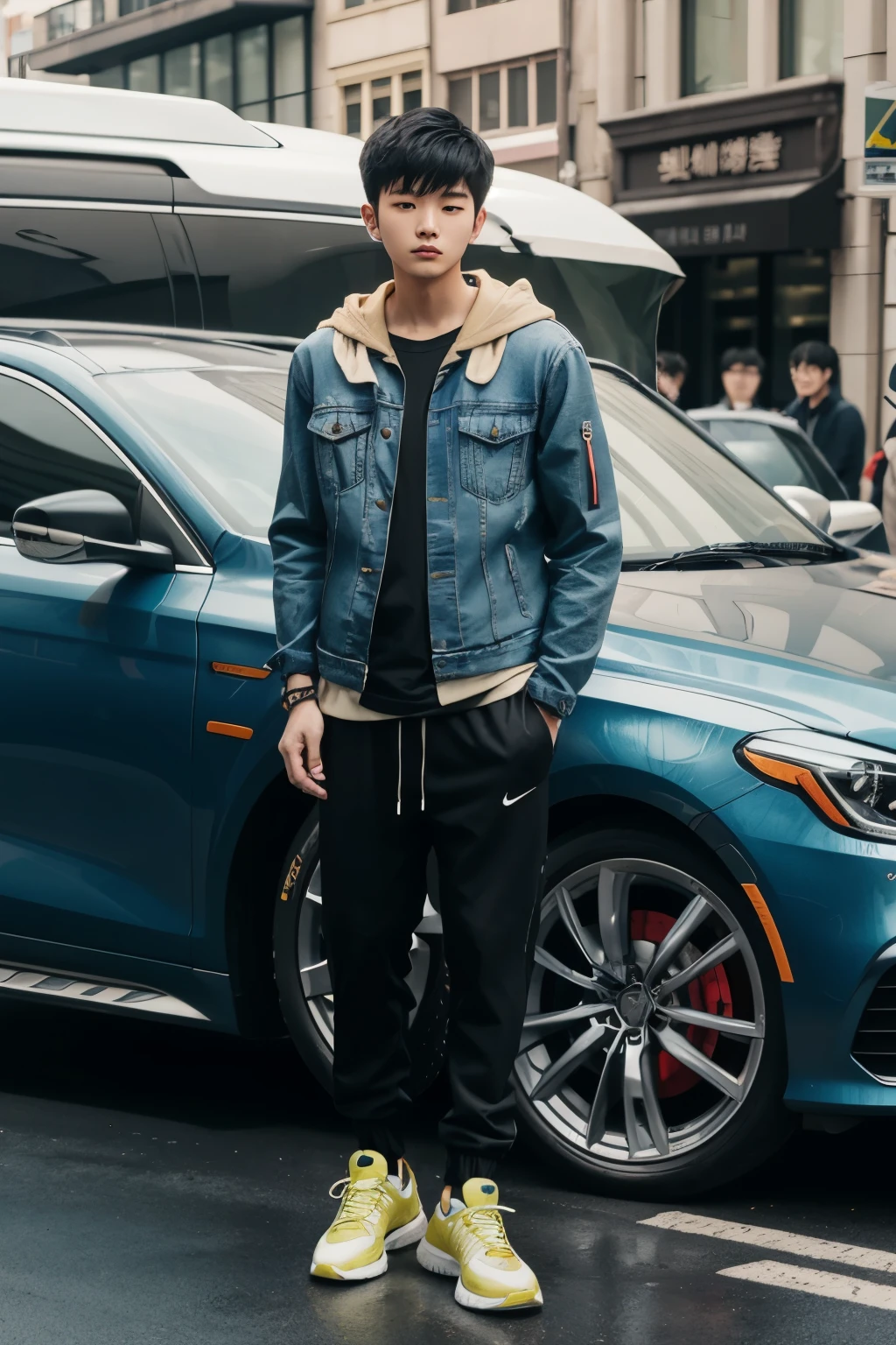 Arafed Korean young man in a denim jacket and tan hoodie xxl, and black jogger pants standing in front of a car, full body, sneakers 