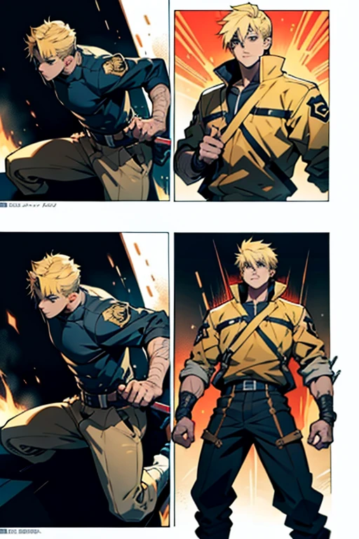 Anime guy with blonde hair with battle wounds with detailed positions, full body shots, manga page with panels and dialogue