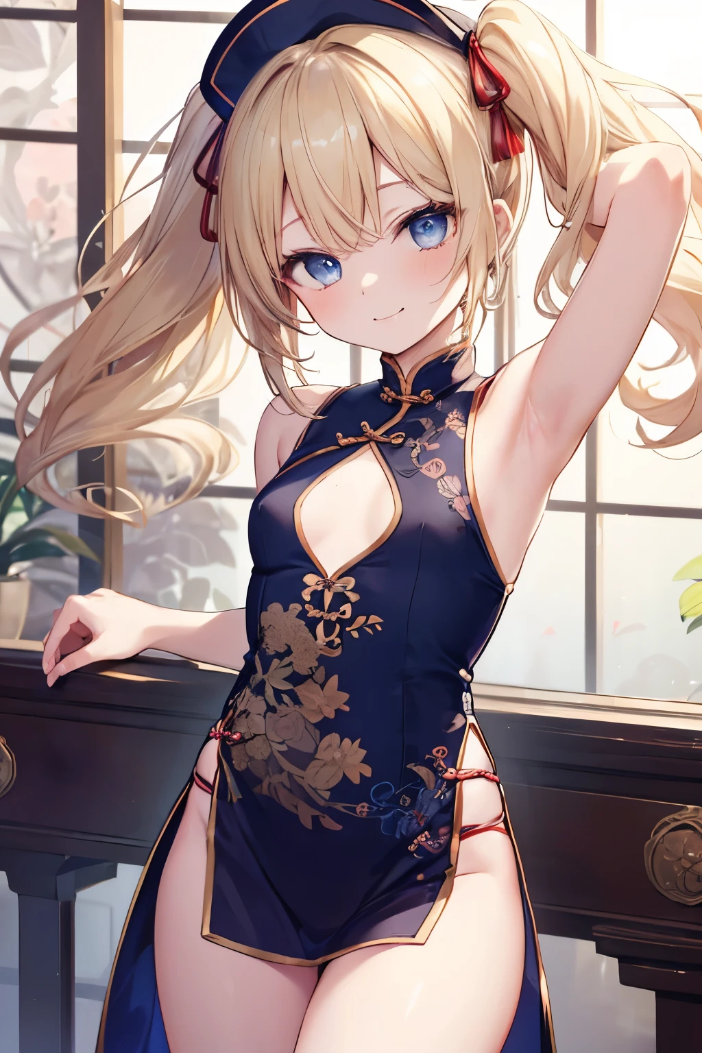 Blonde、Blue Eyes、girl、Small breasts、Twin tails、girl、Small breasts、Lolita、Bright smile、Looks about 15 years old、Petan Musume、short、目のhighlight、Sexy thighs、Wearing china clothes、Showing armpits、Your eyes are so beautiful、highlight