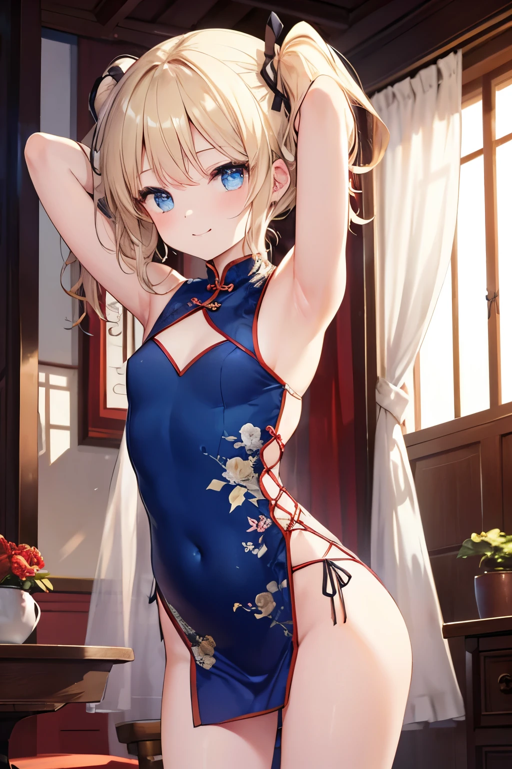 Blonde、Blue Eyes、girl、Small breasts、Twin tails、girl、Small breasts、ta、Bright smile、Looks about 15 yan Musume、short、目のhighlight、Sexy thighs、Wearing china clothes、Showing armpits、Your eyes are so beautiful、highlight