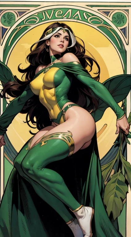 (obra de arte:1.0), (melhor_qualidade:1.2), Classic Rogue, X-Men Vampiras de 1991, 1 garota, Apenas 1, Full body view, medium length hair, Cabelo castanho, cabelo ondulado, Messy hair, one lock of branco hair, verde eyes, olhar travesso, sorrindo, figura em forma, curvy figure, medium breasts, batom, inventar, jaqueta, verde headband, cinto, amarelo gloves, body apertado para a pele, open jaqueta, fonte de luz de cima, (realismo: 1.5), (realista: 1.4), (absurdo:1.4), 8k, ultra-detalhado, Mulher bonita detalhada, (Estilo Art Nouveau), influência de John William Waterhouse e Alphons Mucha, circles, bandeiras, cores de fundo: verde, ouro, amarelo, branco, bege